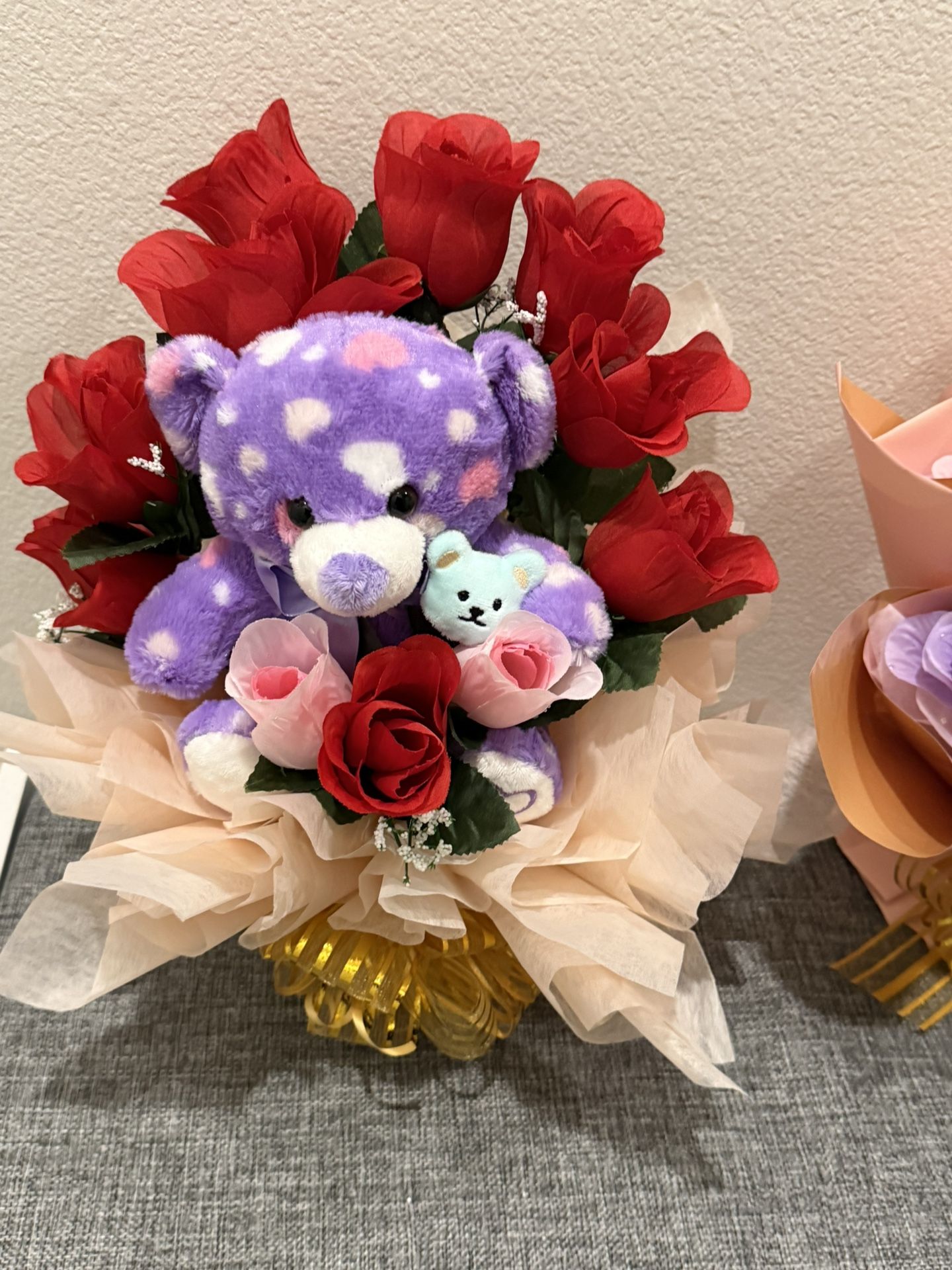 Cute Purple Teddy Bear with Artificial Rose Bouquet – A Timeless Gift! 🎁🌹