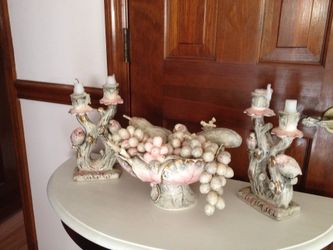 Ceramic Candle Holders & Bowl of Ceramic Fruit