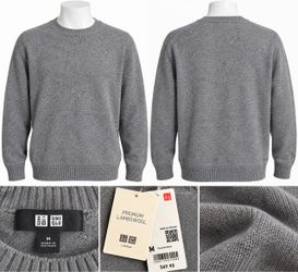 UNIQLO Premium Lambswool Sweater Men's Medium Gray Crewneck 100% Wool NWT