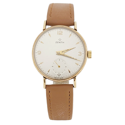 Men's Zenith Stellina 32mm Vintage 10K Yellow Gold Automatic Watch with Brown Leather Strap and Silver Dial. (355-78923)