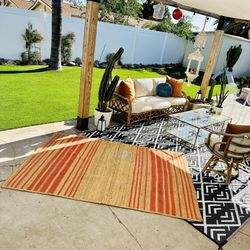 Natural Woven Indoor Outdoor Jute Beige Salmon Pink Red Stripe Area Rug 5’ X 7’