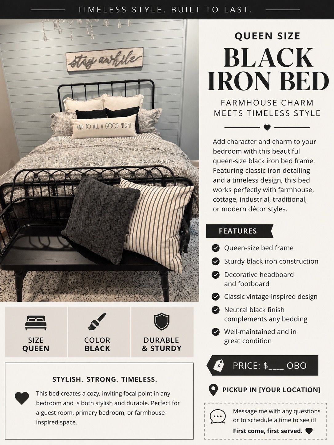 Classic and beautiful Black iron bed - queen size