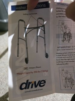 Medical Two- ! Button Folding Walker w/Wheels Lightweight Silver  New.