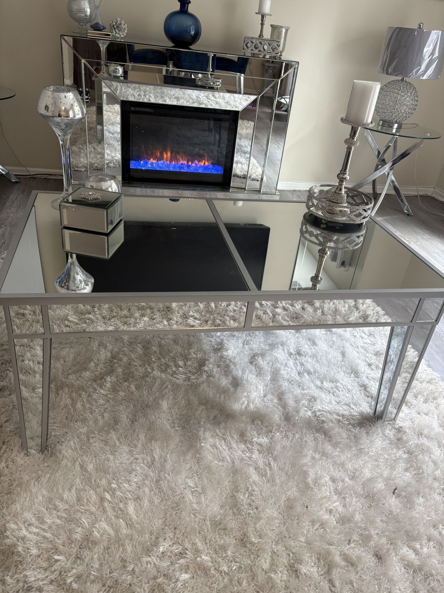 Beautiful Glass Dining Table With Blue Chairs