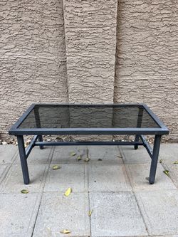 Large 38 Inch Wide Black Metal Outdoor Coffee Table w/ Black Tinted Glass