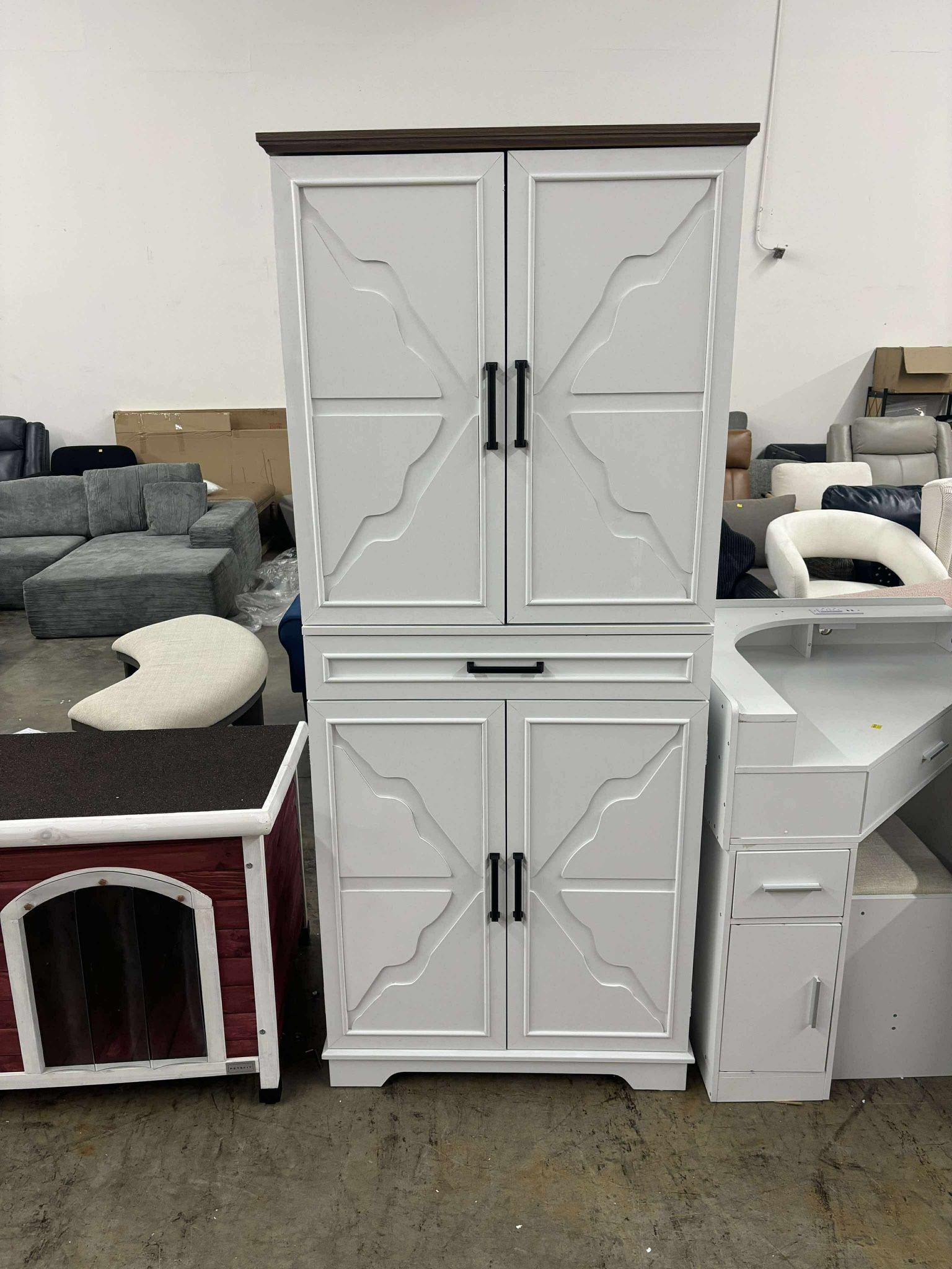 Farmhouse Kitchen Pantry Cabinet, 72" Height Tall Freestanding Cupboard with Sliding Storage Rack and 6 Hanging Shelves