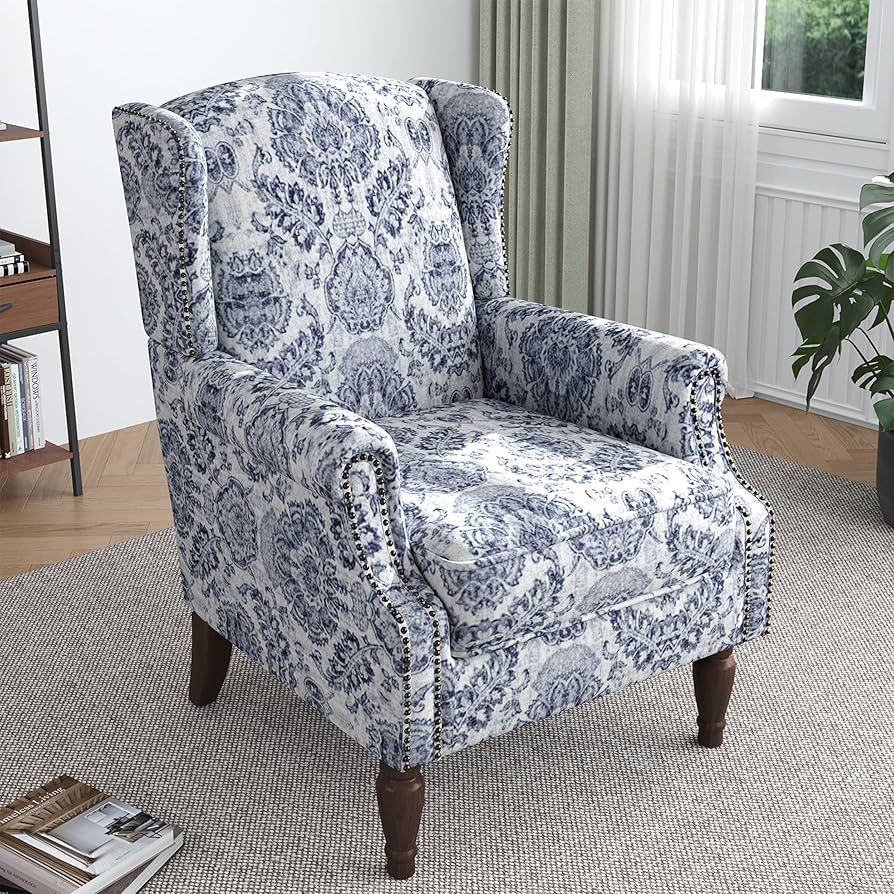 Wingback Accent Chair,High Back Floral Armchairs in Fabric,Comfy Upholstered Reading Single Sofa Chair with Solid Wood Legs for Living Room,Bedroom,Of