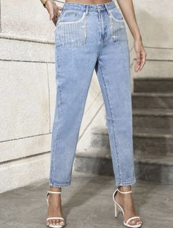 Womens Rhinestone Fringe Mom Jeans