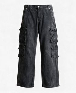 PacSun Men’s Black Baggy Cargo Denim Jeans Charcoal Wash Cotton Button Pockets
