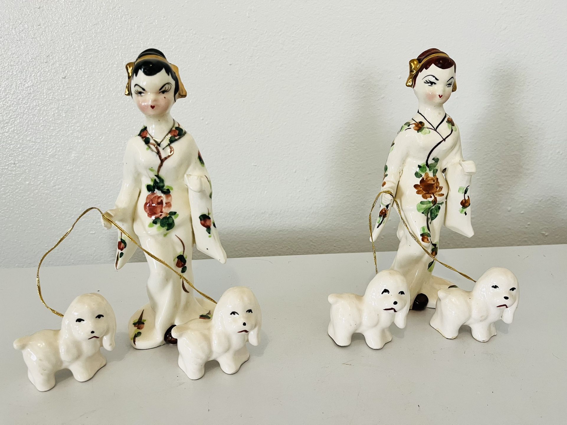 Vintage Geishas Figurine Walking Dogs