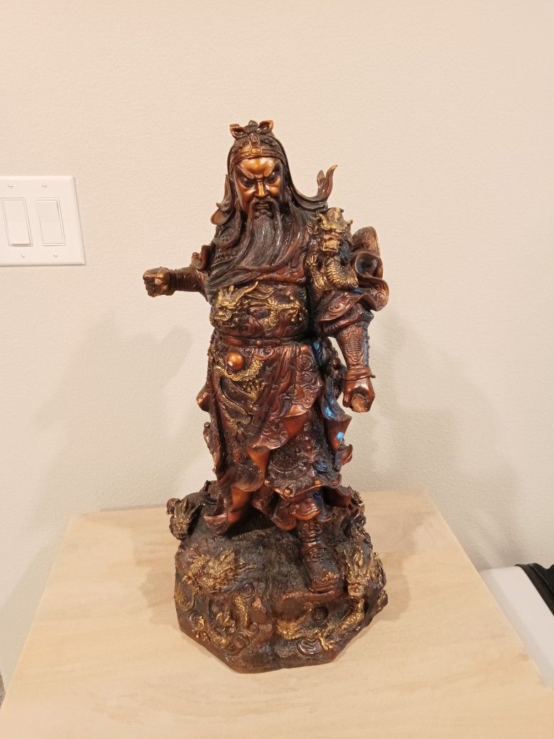 23" Chinese Bronze Copper Nine Dragon Guan Gong Yu God Flag Hold Sword Statue