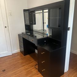 62" Large Black Vanitys Desk w/ Tempered Glass 