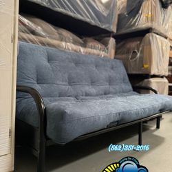 Full Size Metal Bed Blue Futon Sofa Cama 