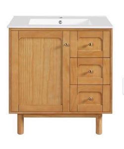 Some Scratches Newly Assembled 30 in. Freestanding Natural Wood Bath Vanity with White Ceramic Top