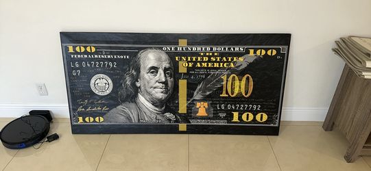 Large $100 Bill Benjamin Franklin Wall Art 62” L x 30” W Black Gold