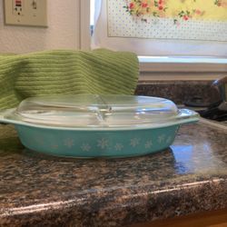 Vintage Pyrex Turquoise Divided Snowflake Casserole Dish