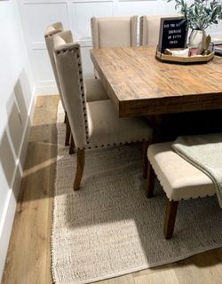 Big Square dining table with eight seatings chairs, bench, beige wood