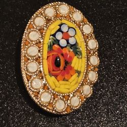 Vintage Italian Micro Mosaic Floral Brooch Pin Glass Tesserae