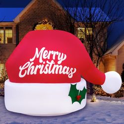 Merry Christmas Inflatables Large 4.5ft Tall Santa Hat Outdoor Decorations Blow Up X-mas Decorations Yard Lawn Garden Internal Lights & Built-in Fan