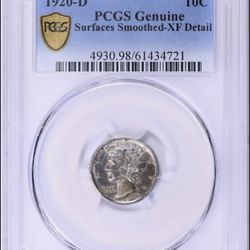 1920-D Mercury Dime 10C – PCGS Genuine – XF Details – Surfaces Smoothed – Key Date U.S. Coin