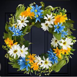Botanic Dream Spring Wreath 20in with Green Eucalyptus Leaves, Colorful Chrysanthemums