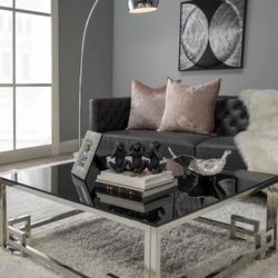 Coffee Table Stainless Steel Black Glass Top- 42”x16”- Home / Office- Delivery 