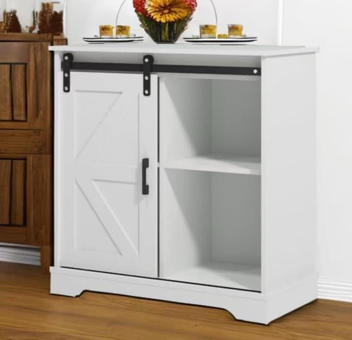 ๐ Sliding Barn Door Buffet Sideboard Storage Cabinet Coffee Bar Kitchen Farmhouse Style (White)$40