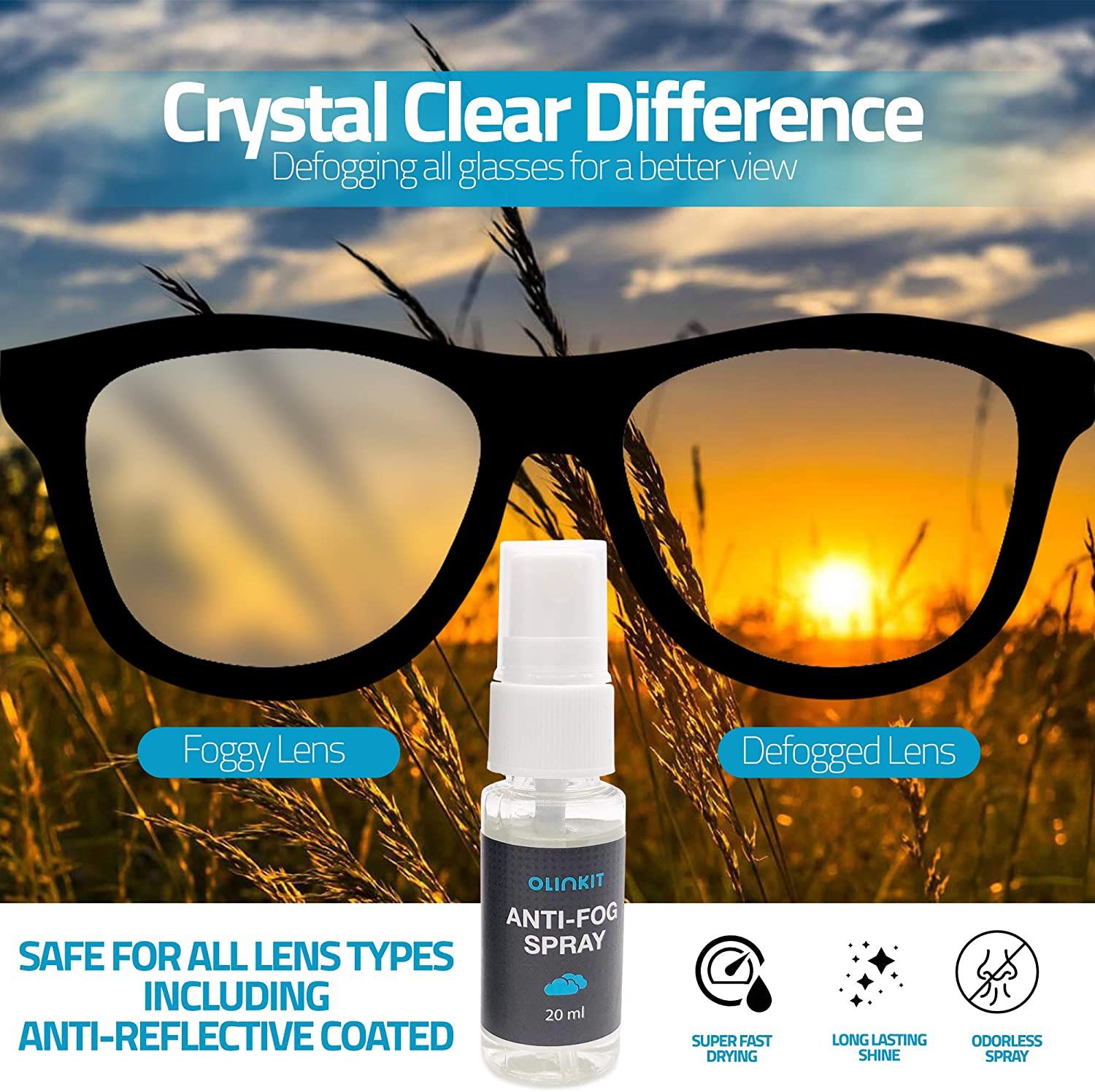 Anti Fog Spray – Premium Anti-Fog Spray for Glasses, Mirrors, Plastic Windows, Swim Goggles - Quick and Long-Lasting Glasses Anti Fog Spray