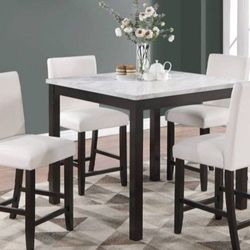 ✅️✅️5 pc dark finish wood white faux marble top square counter height dining table set. This set includes the table and 4 - side chairs padded seats✅️