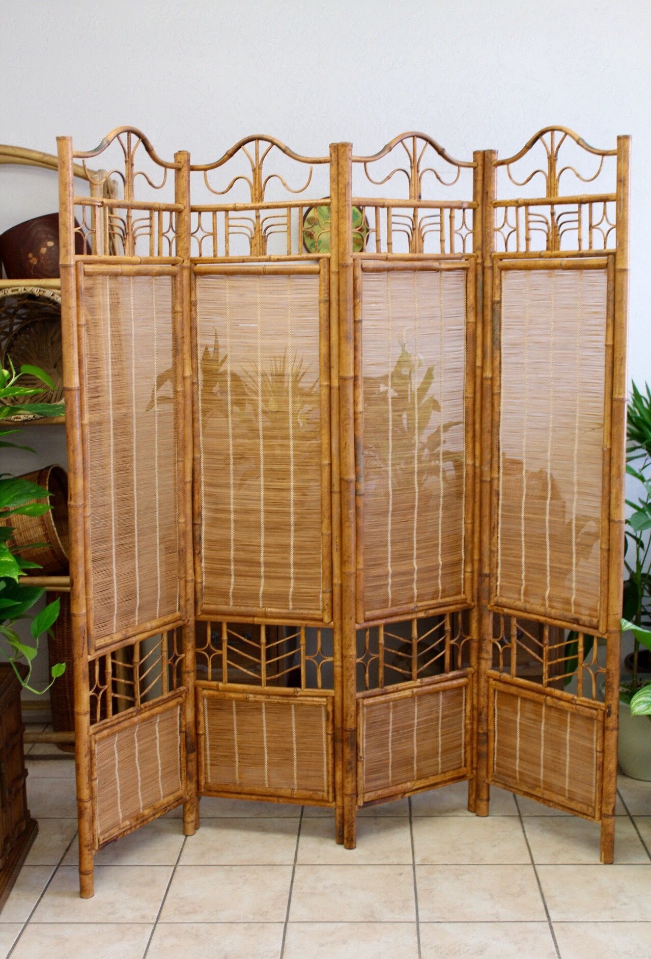 Vintage Rattan Bamboo Room Divider Screen Partition Bohemian Mid Century Wicker
