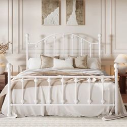 Queen Metal Bed Frame with Iron-Art Headboard and Footboard, 12" Under-Bed Storage Space, No Box Spring Needed, White