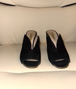 The shoes in the image are the Carmela black suede mules from the British luxury brand L.K.