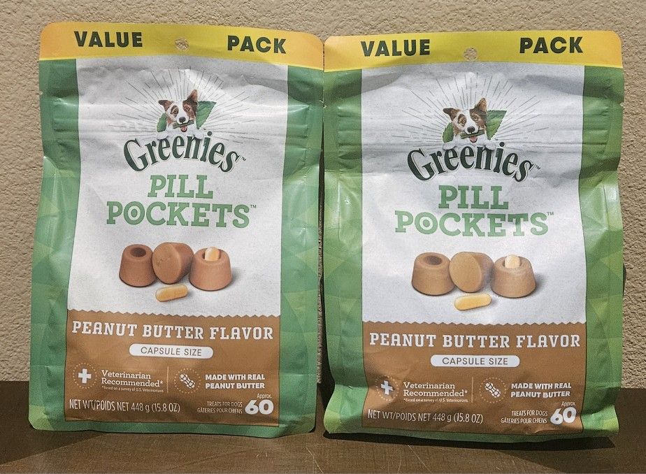 GREENIES Pill pockets for dogs  Peanut Butter flavor capsule 60 treats LOT OF 2
