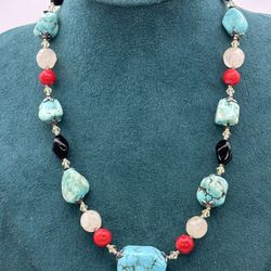 Turquoise Coral Beaded Necklace 17” With 2” Extension In Great Condition 