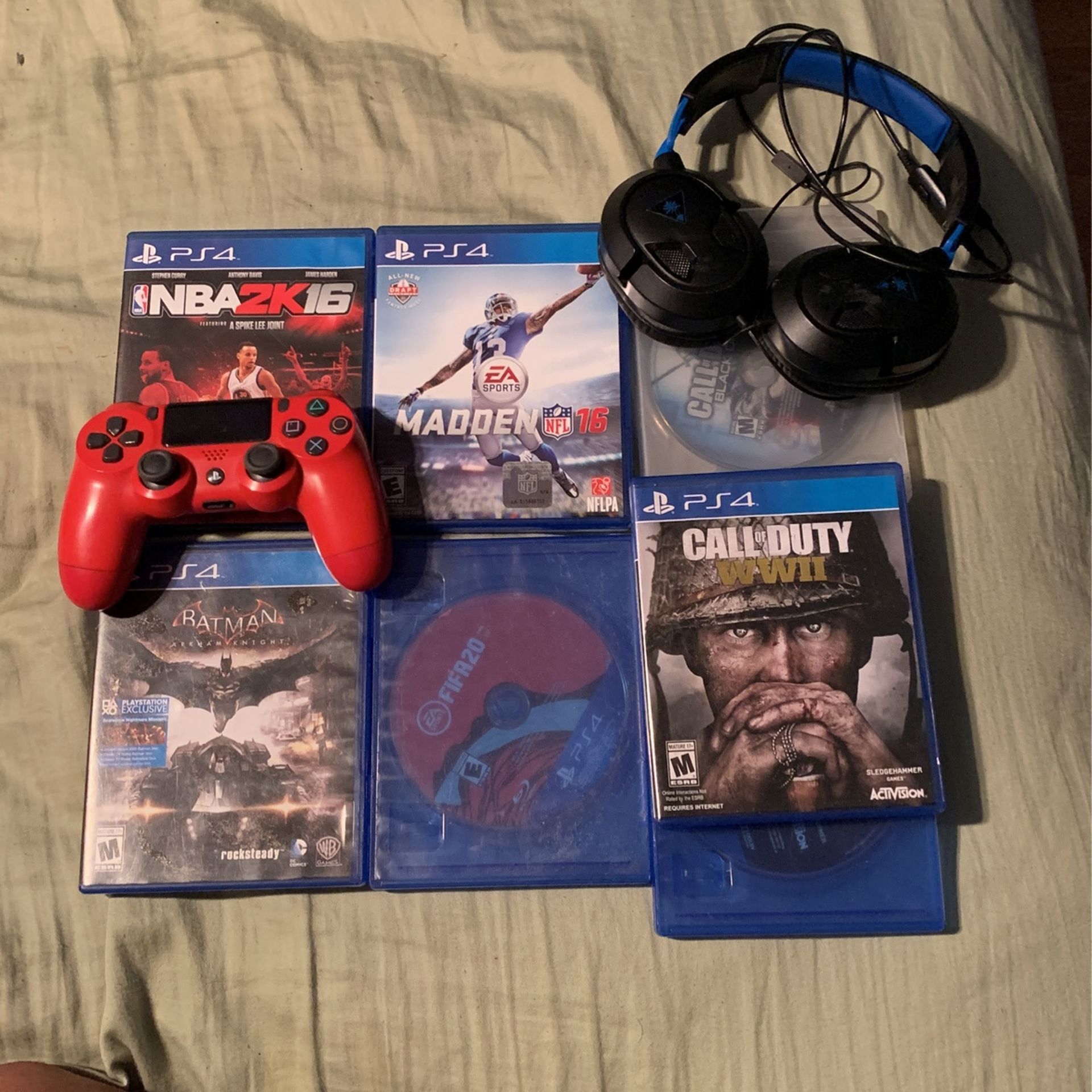 PS4 Games  Fifa 20 2 Call Of Duty WW2 Batman Arkham Knight 2k16 Madden 16 Ps3 Black Ops 1 Turtle Beaches And Red PS4 Controller 