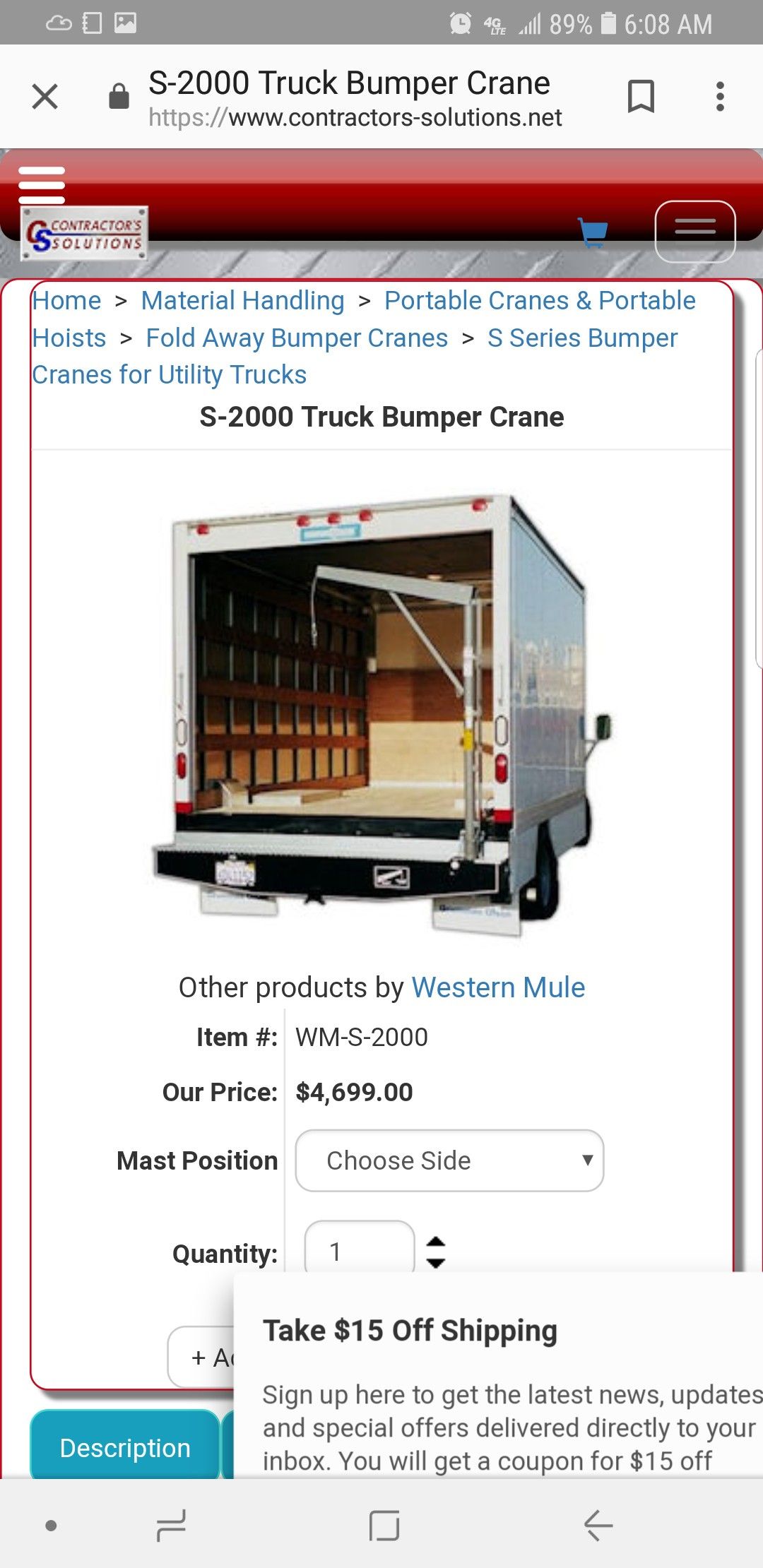 Crane (bumper). Western Mule fold away crane. Model:S-2000