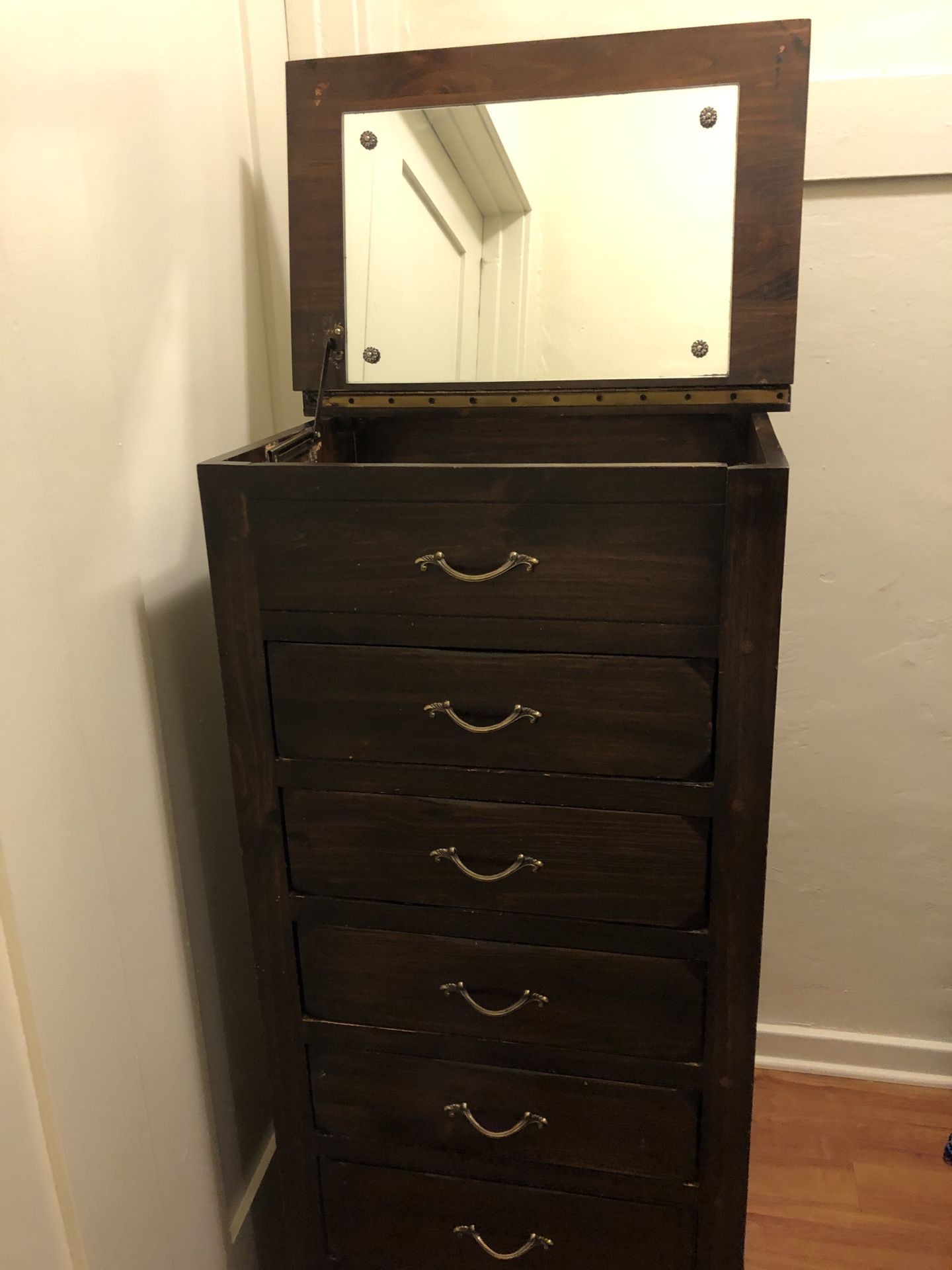 Antique Wooden Lingerie Chest with Vanity Mirror Top and Original and Extra Drawer Pulls