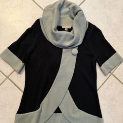 Women's Blacy and Gray Knit Sweater Short Sleeve with Button Cowl Neck Size L