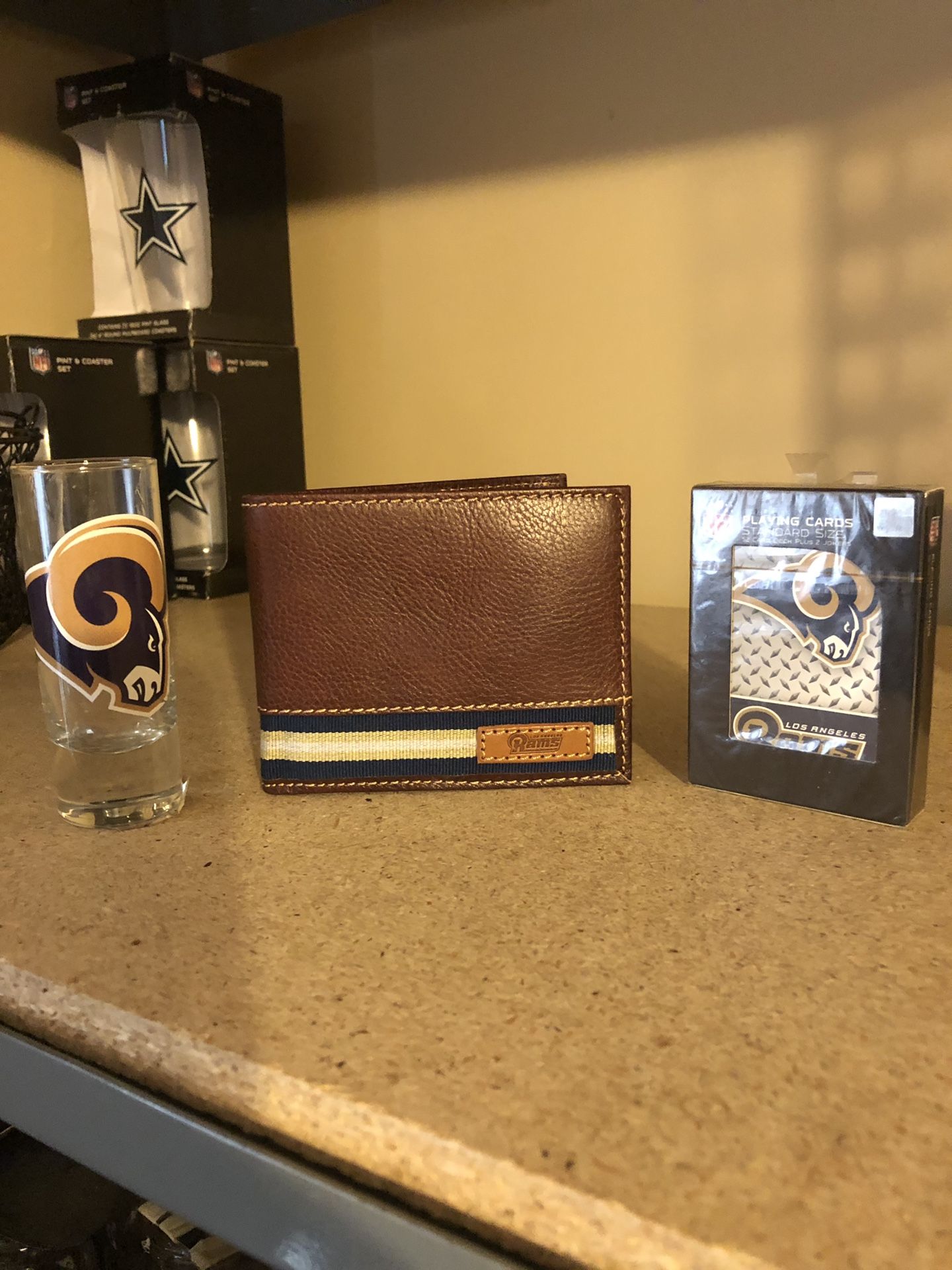 Los Angeles Rams leather bifold wallet shot glass and playing cards