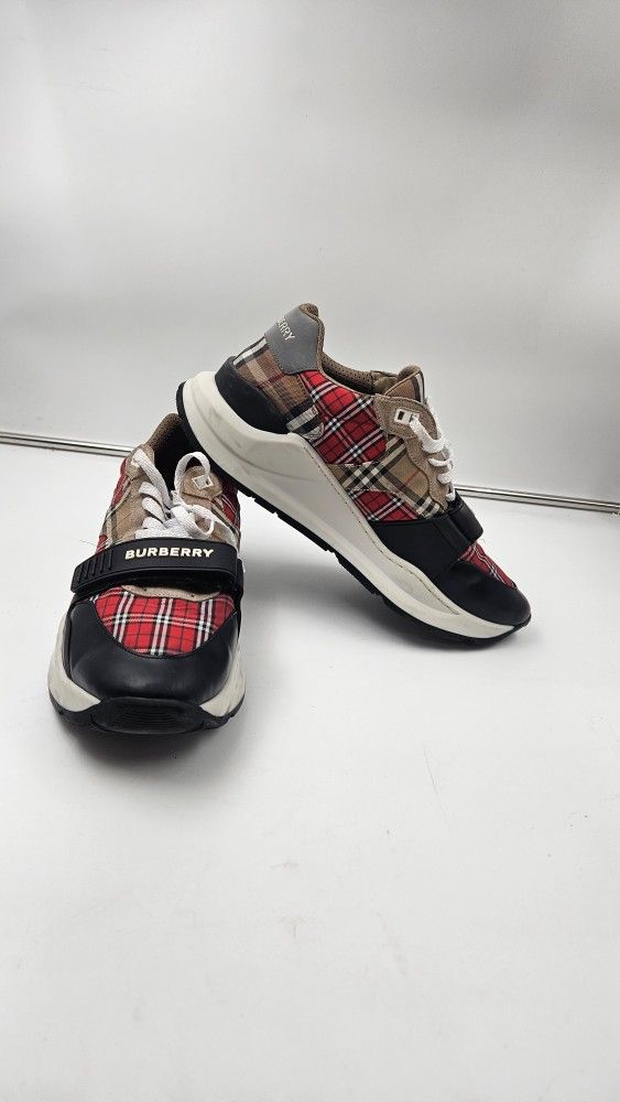 BURBERRY RAMSEY RED BEIGE CHECK CANVAS SUEDE LOGO STRAP SNEAKERS 46 US 13 ITALY