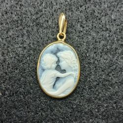 14K gold blue Agate cameo mother child pendant