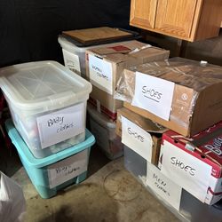 Boxes & Bins of Clothes & Shoes 