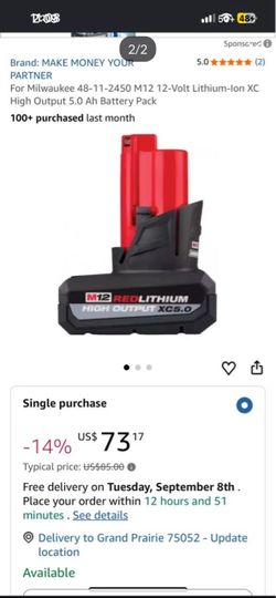 Milwaukee 48-11-2450 M12 12-Volt Lithium-lon XC High Output 5.0 Ah Battery Pack