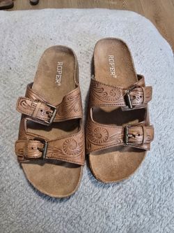 Roper Tooled Leather Double Buckle Sandals