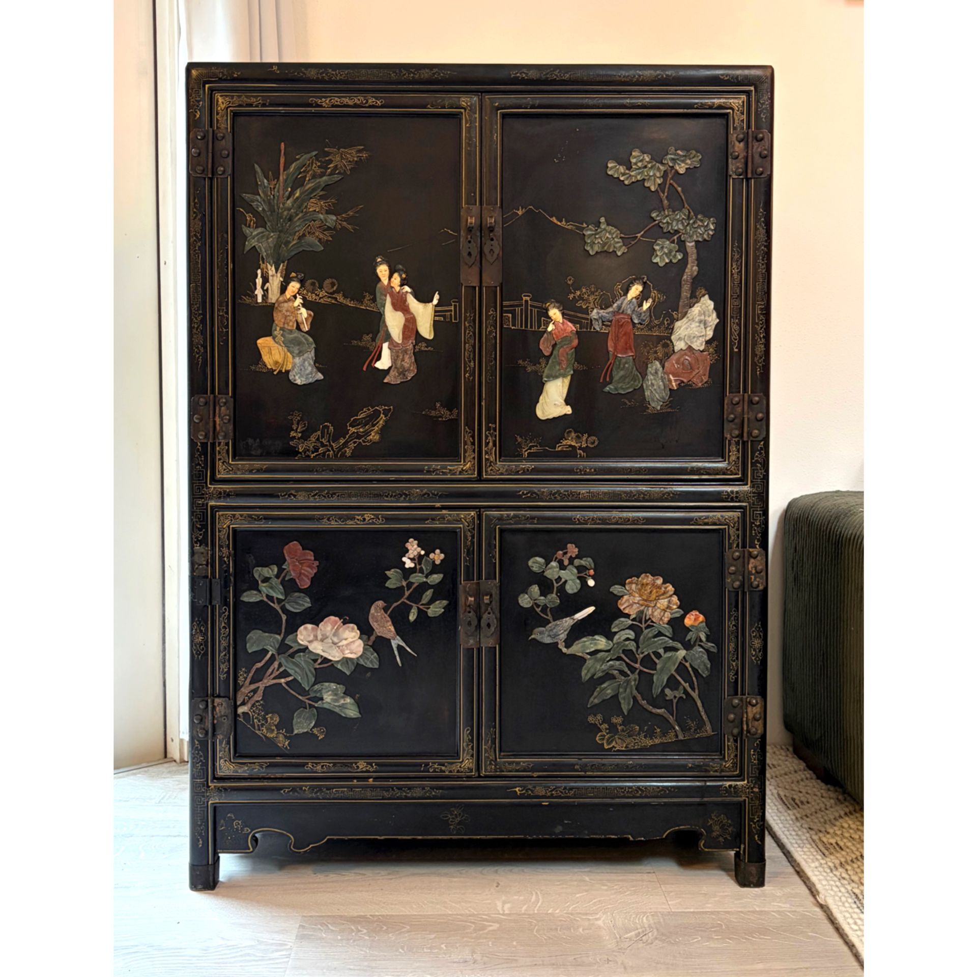 Vintage Chinese Chinoiserie Cabinet Hutch And Wall Art