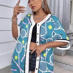 2 xl Tennis Shirts for Women Game Day Racket Ball Print Outfit Shirt Button Down Tops Short Sleeve Hip Hop Jersey