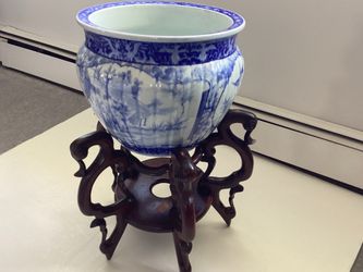1940s Large Porcelain Fishbowl Planter + Wood Stand Asian Motif Cobalt Blue & White