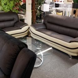 Brand New Brown/Tan Bonded Leather Modern Sofa + Loveseat 2PCs Set