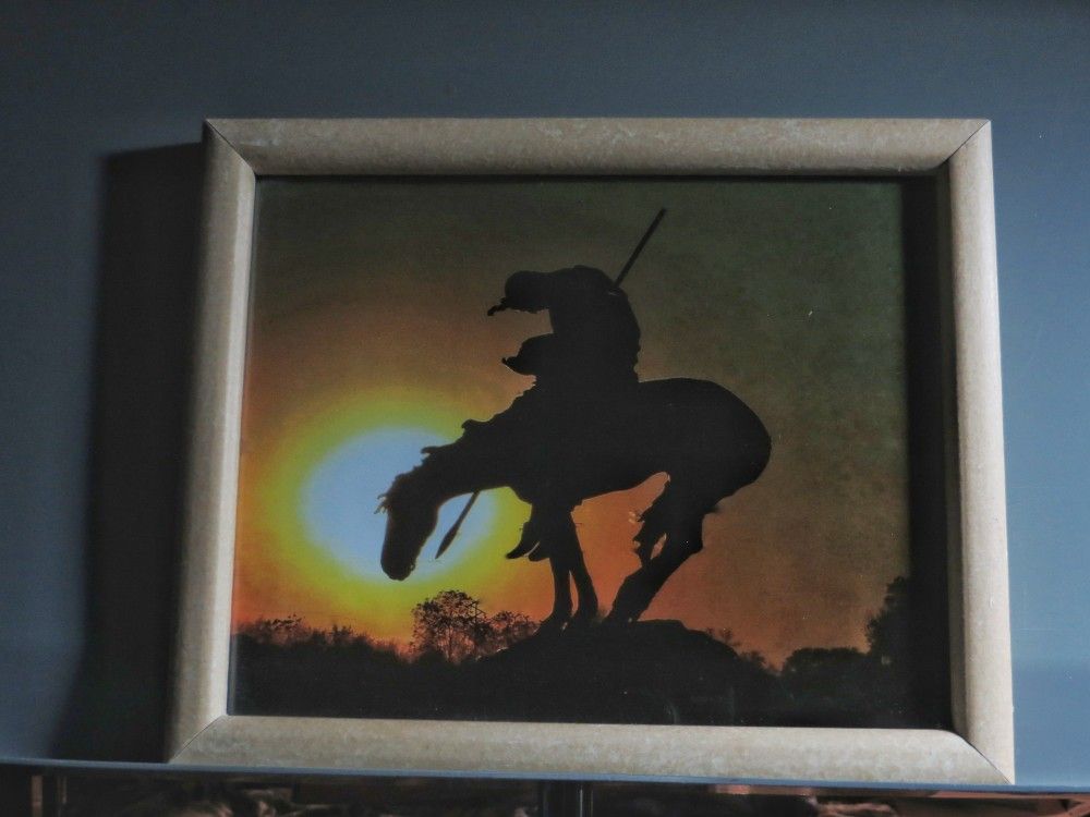 8 X 10  Framed Photo Of End of the trail Statue In Waupun ,WI With Sunset Behind