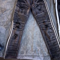 Men's Distressed Denim Jeans Black Gray Paint Splatter Stripe Straight Style